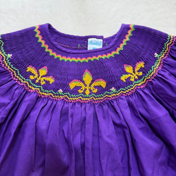Rosalina Other - Rosalina Smocked Dress Girls 6Y Purple Fleur-de-lis Mardi‎ Gras Bishop Dress